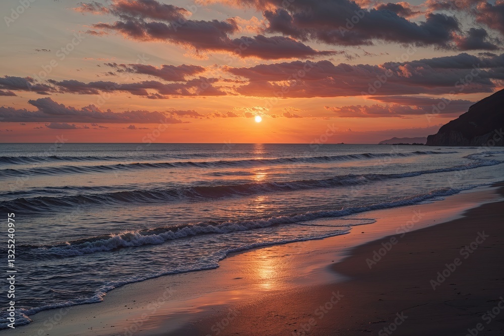 Picturesque Sunset Over the Beach with Shadows and Calm Waves Picturesque Sunset Over the Beach with Shadows and Calm Waves