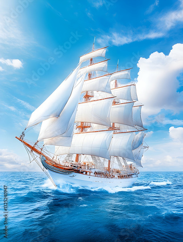 Majestic sailing ship glides across the azure ocean under a vibrant sky