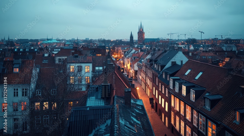 Obraz premium An elevated view of a European city at twilight