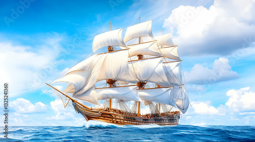 Majestic sailing ship on a bright blue sea