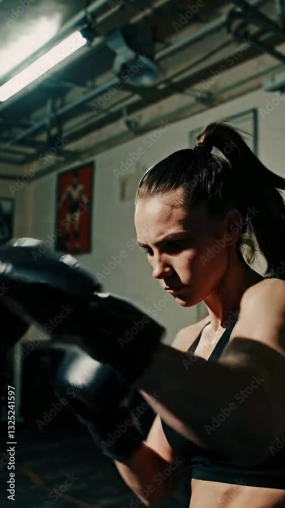 Intense female boxer training with focused punching techniques in gym Intense female boxer training with focused punching techniques in gym