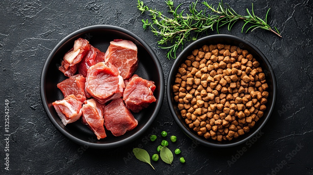 Fresh Raw Meat and Kibble Dog Food for Pet Nutrition and Meal Preparation