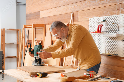 Mature carpenter working wi...