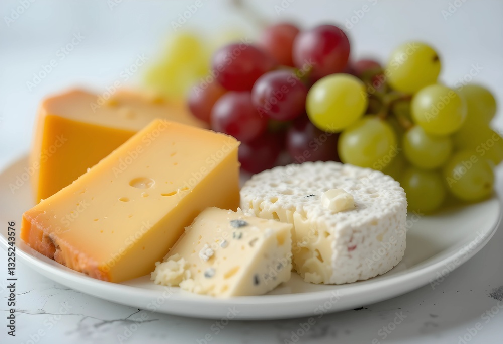 A cheese platter with a variety of cheeses and fresh grapes on a white plate. The focus is on the vibrant colors and rich textures, creating a clean and appealing image. A cheese platter with a variety of cheeses and fresh grapes on a white plate. The focus is on the vibrant colors and rich textures, creating a clean and appealing image.