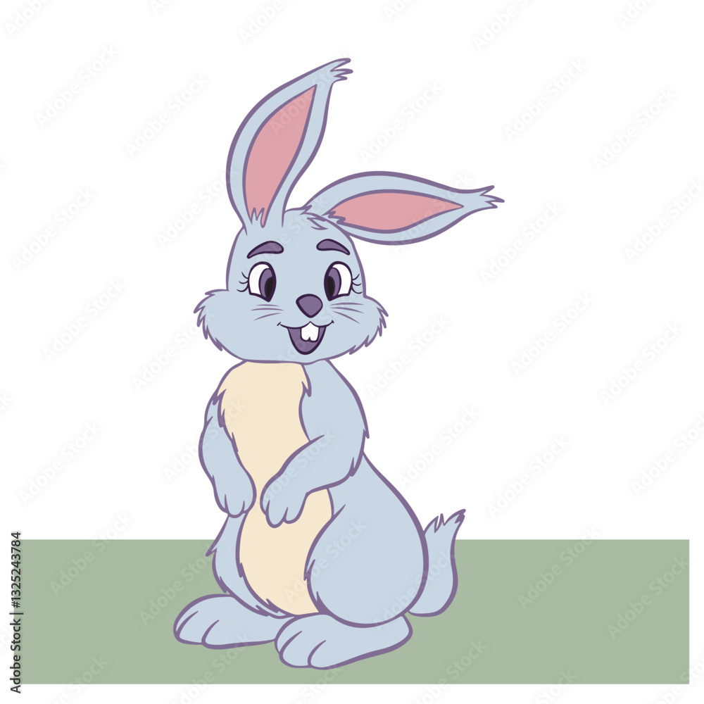 Fototapeta premium Cute blue rabbit with cartoon drawing style. Art for Easter period. Green grass with transparent background.