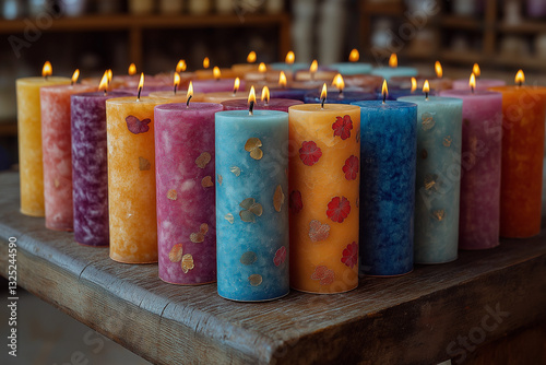 Handmade candles with unique scents or decorative elements.  photo