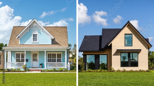 A side-by-side shot of two homes in Florida, one traditional and one modern