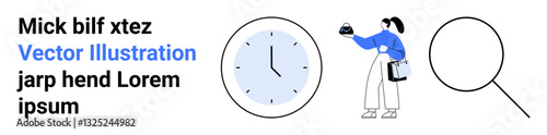 Clock representing time, person managing tasks, magnifying glass for focus. Ideal for productivity, scheduling, organization, analysis, planning, deadlines flat landing page banner