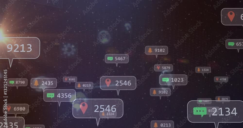 Animation showing social media notifications and location icons over starry background Animation showing social media notifications and location icons over starry background