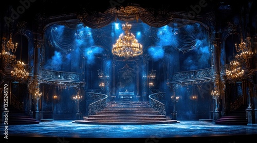 Grand ballroom stage setting with ornate staircase, chandelier, and blue lighting.