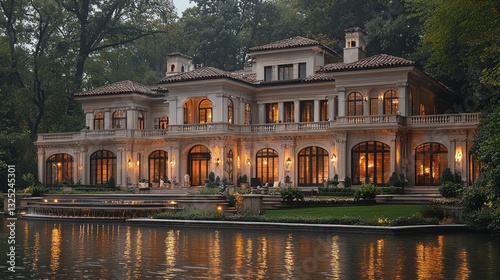 Luxurious waterfront mansion at dusk.