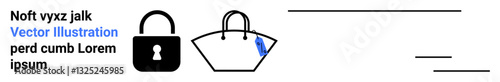 Lock icon and bag outline with attached tag implying safety, privacy, and belongings safeguarding. Ideal for security, privacy, insurance, shopping, personal items safety digital applications. Flat