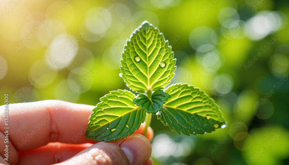 Hand holding fresh green mint leaves against a blurred natural background Hand holding fresh green mint leaves against a blurred natural background