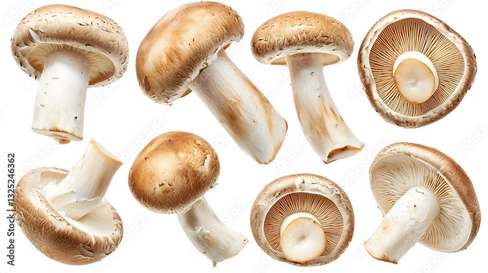 Set fresh champignon mushrooms isolated on white Set fresh champignon mushrooms isolated on white