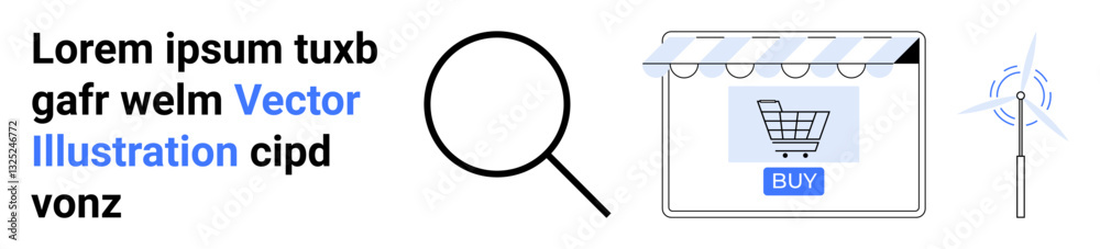 Magnifier, online storefront with shopping cart button, renewable energy symbol. Ideal for e-commerce, shopping, online search, energy efficiency, sustainability, green technology flat landing page Magnifier, online storefront with shopping cart button, renewable energy symbol. Ideal for e-commerce, shopping, online search, energy efficiency, sustainability, green technology flat landing page