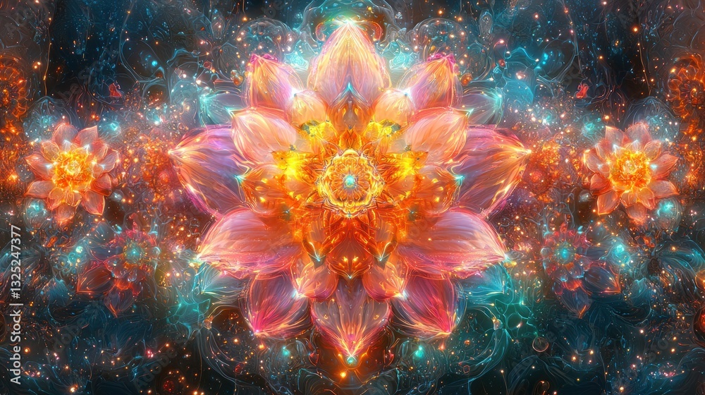 Fototapeta premium Vibrant fractal flower with glowing petals and cosmic dust.