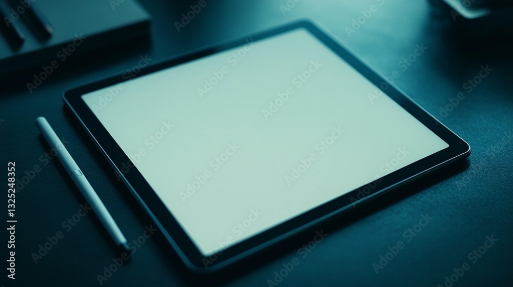 Blank screen tablet on dark desk with pen and notebook.