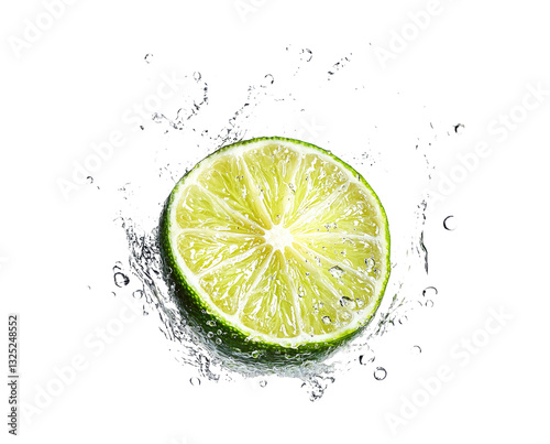 Fresh Lime Slice Spraying Water Droplets on Dark Background
