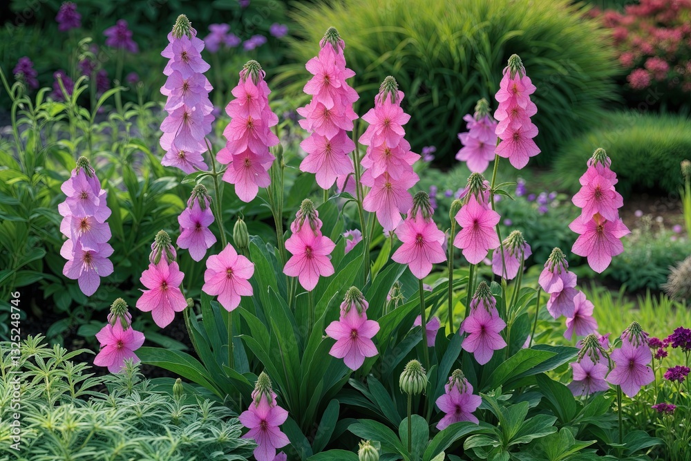 Obraz premium Vibrant Pink Columbines Flourishing in a Beautiful Garden Landscape