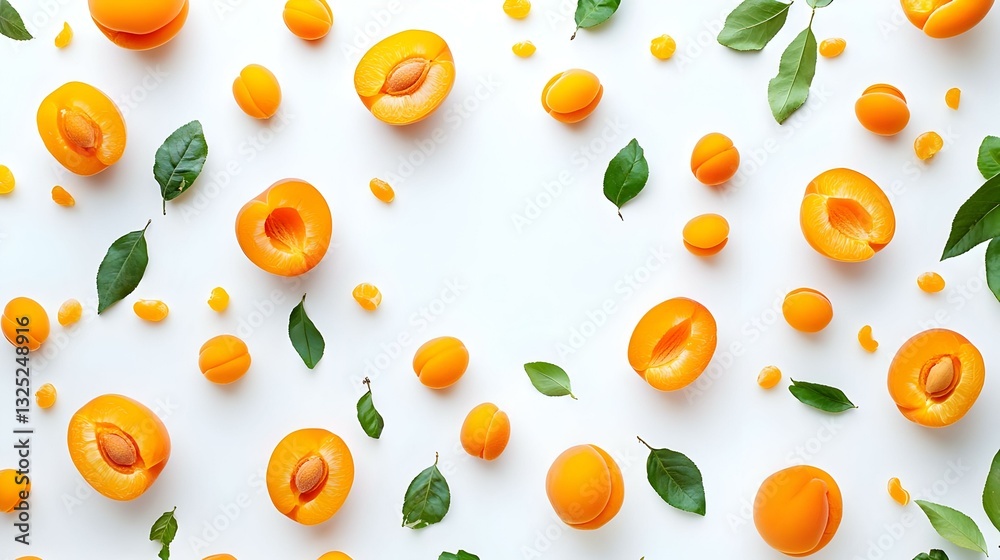 Ripe whole and half cut apricots with a green