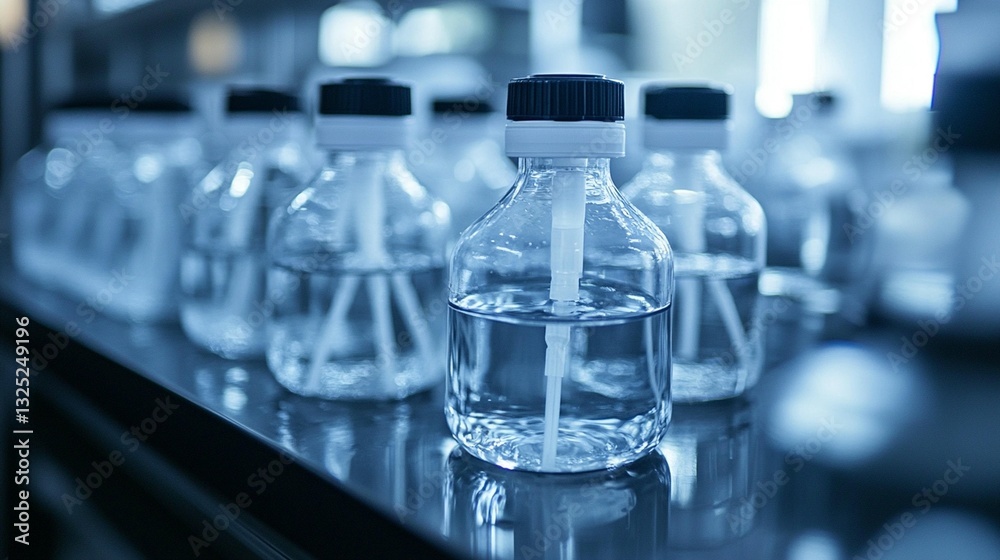 Clear glass bottles with liquid samples on a lab bench. Clear glass bottles with liquid samples on a lab bench.