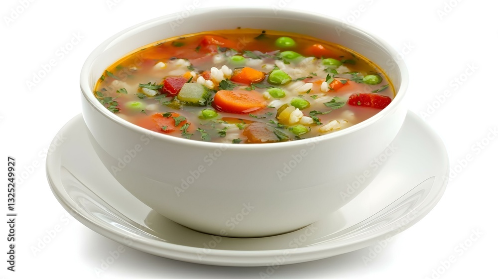Healthy vegetable soup with rice in a white bowl Healthy vegetable soup with rice in a white bowl