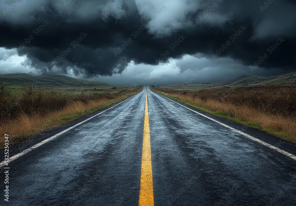 Dark and Moody Scenic Road Under Dramatic Cloudy Sky with Rolling Hills and Wet Asphalt Reflecting the Overcast Weather Conditions Dark and Moody Scenic Road Under Dramatic Cloudy Sky with Rolling Hills and Wet Asphalt Reflecting the Overcast Weather Conditions