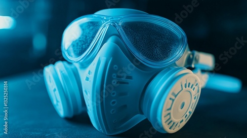 Close-up of a blue respirator mask with goggles, on a dark background. photo