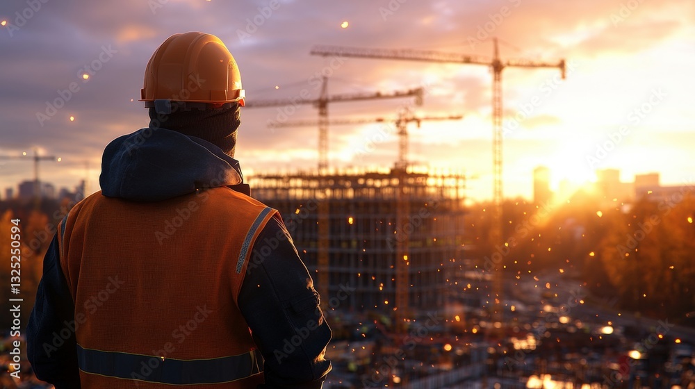 A construction worker observing a construction site while wearing safety gear and engaged in project oversight A construction worker observing a construction site while wearing safety gear and engaged in project oversight