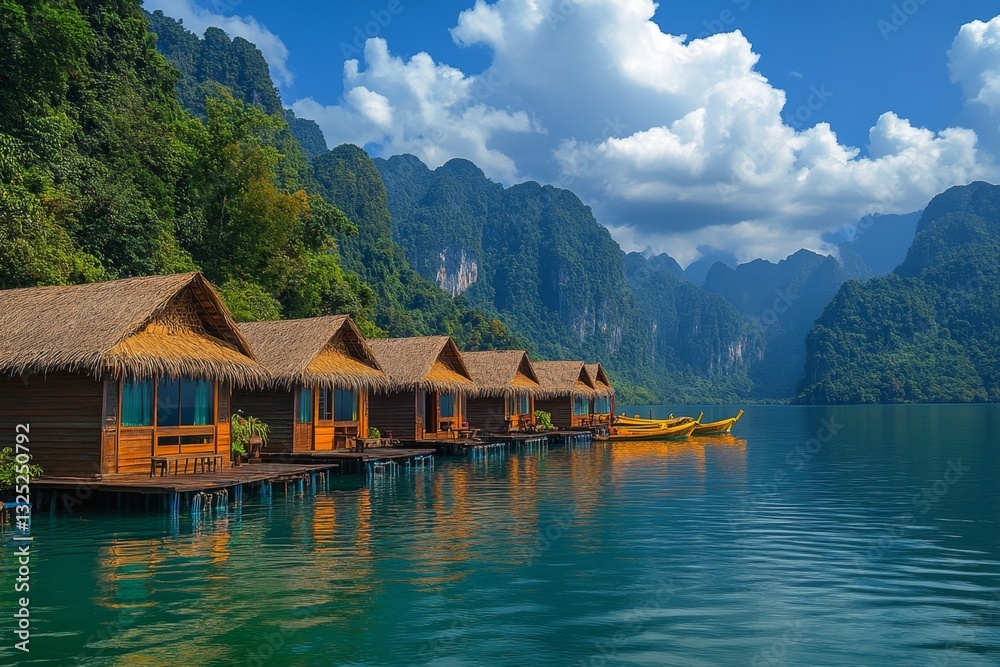 Naklejka premium Serene Lakeside View of Rustic Floating Bungalows Amidst Majestic Mountains Under Clear Blue Sky and Fluffy White Clouds