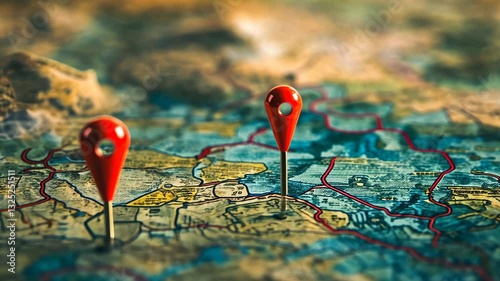 Animated map with moving red location pins in vibrant travel pathway adventure