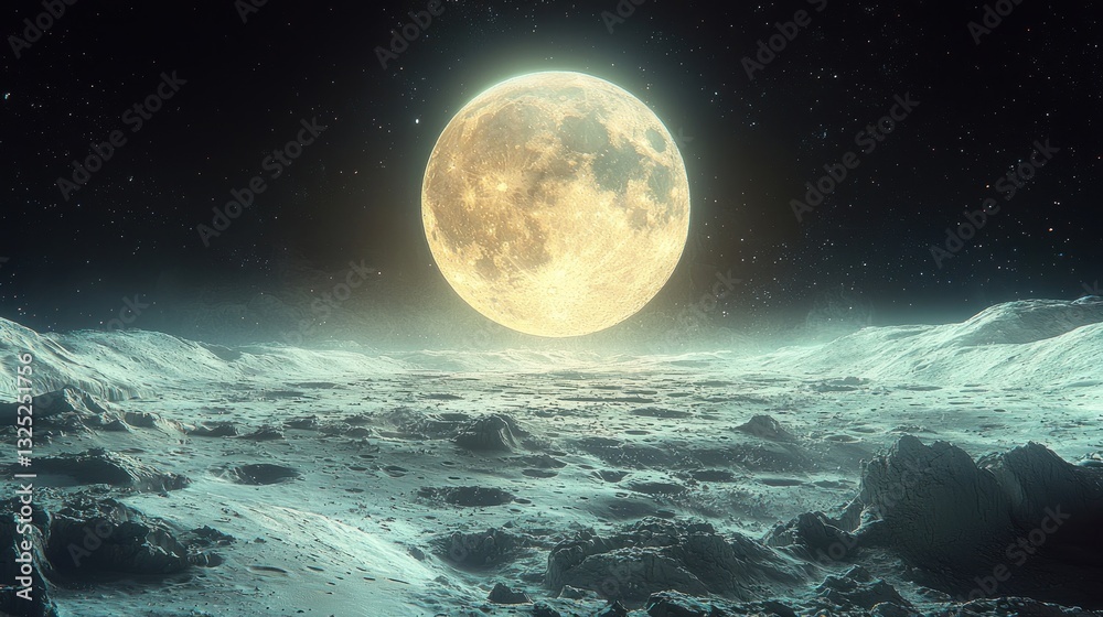 Full moon rising over a desolate, icy lunar landscape. Full moon rising over a desolate, icy lunar landscape.