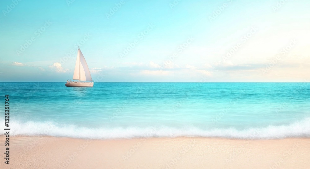 Obraz premium Calm Ocean Scene with a Single Sailboat on the Horizon Bathed in Gentle Morning Light and Soft Waves with a Clear Blue Sky and Sandy Beach