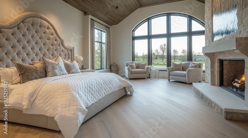 A spacious master bedroom in a luxury home, showcasing a large bed with a sculpted headboard and soft, fluffy pillows