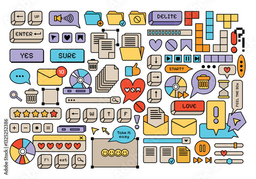 Retro style Y2K UI and UX elements and icons flat set. Retro frames and computer game elements. Nostalgic style of 80s, 90s. Cartoon Old computer screen. Retro vector windows Vaporwave.