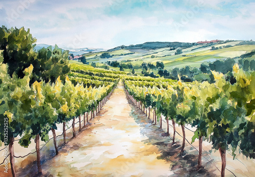 Watercolor painting of a vineyard, on a white background
