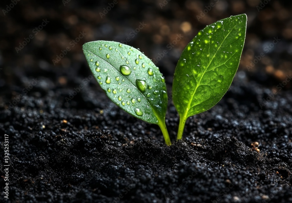 Naklejka premium Fresh Green Seedling with Water Droplets on Soil Background Symbolizing Growth, Nature, and New Beginnings in a Sustainable Environment