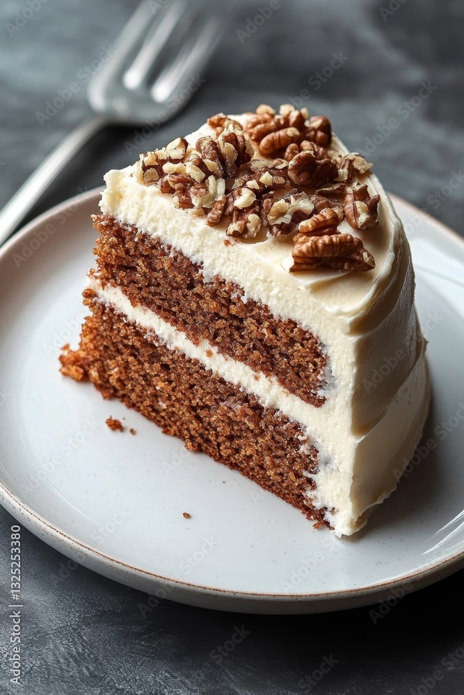 Delicious slice of spiced cake topped with creamy frosting and crunchy pecans served on a plate with silver utensils in soft light Delicious slice of spiced cake topped with creamy frosting and crunchy pecans served on a plate with silver utensils in soft light