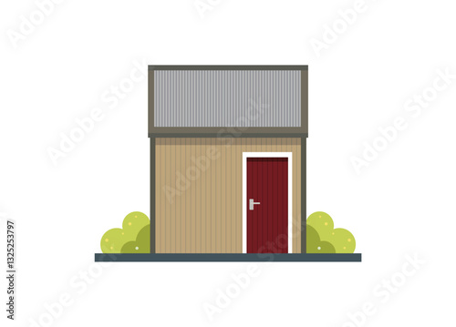 Small wooden shed building with tin roof. Simple flat illustration.