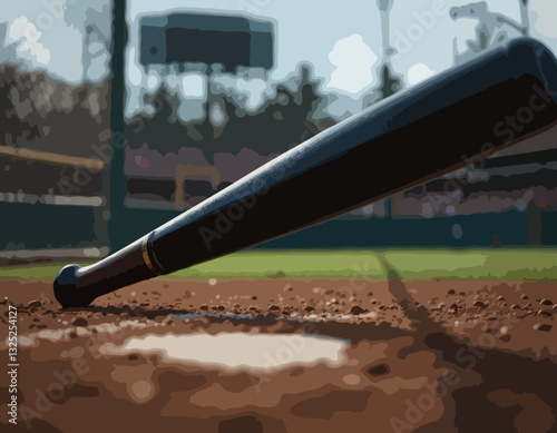 Baseball dans une mitaine avec une batte noire à faible angle vue de mise au point sélective sur un terrain de baseball 