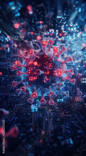 Virus 3d Model On Digital Circuit Board