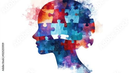 female silhouette filled multicolored jigsaw pieces symbolizing fragmented mind concept art