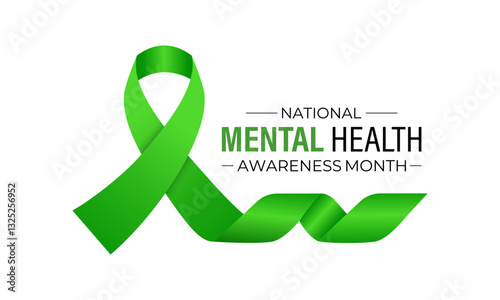Vector illustration of Mental health awareness month observed each year during May. Brain and man head with Realistic green ribbon banner design. Banner poster, flyer and background design template.