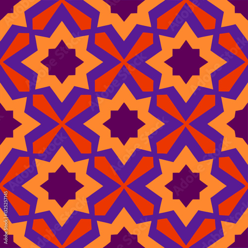 This image features a vibrant, repeating geometric pattern. It uses a bold color scheme of deep purple, bright orange, and a slightly lighter reddish-orange. The design is made up of interlocking star