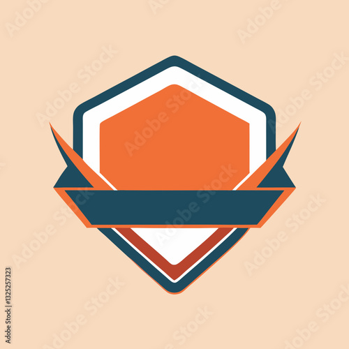 This image features a stylized, hexagonal badge with a blank orange interior. It's outlined in white and a darker teal color, with two pointed teal ribbons extending outwards from the sides. The backg