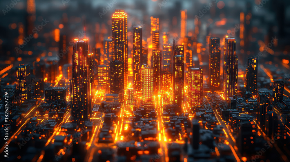 Fototapeta premium vibrant cityscape illuminated by glowing lights, showcasing futuristic skyline with towering buildings and intricate street layouts, creating mesmerizing urban atmosphere