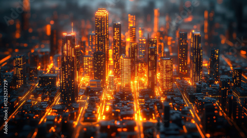 vibrant cityscape illuminated by glowing lights  showcasing futuristic skyline with towering buildings and intricate street layouts  creating mesmerizing urban atmosphere