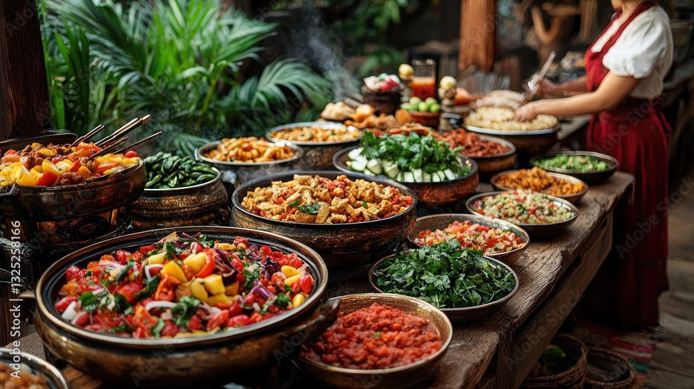 Fototapeta premium Rustic outdoor buffet table with various stews, salads, and vegetables.