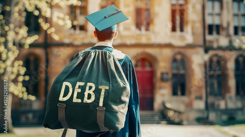 Back view of a student wearing an academic robe carrying a large bag on his back, with the words 