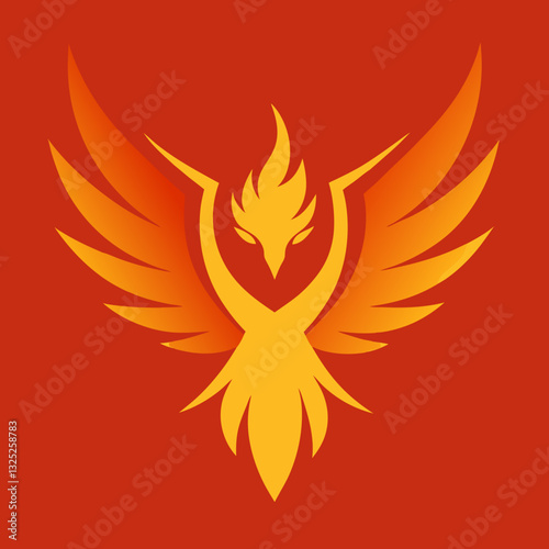 This image is a stylized, minimalist depiction of a phoenix. The fiery bird is rendered in shades of orange and yellow, with its wings spread wide and its body transitioning into stylized flames. The 
